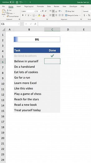Data Bar Task List for Excel Part 4 #spreadsheetlife #excel #exceltutorial This is part four of a five part series where I show you how do build an interactive task list in Excel along with a data bar to show your progress.
