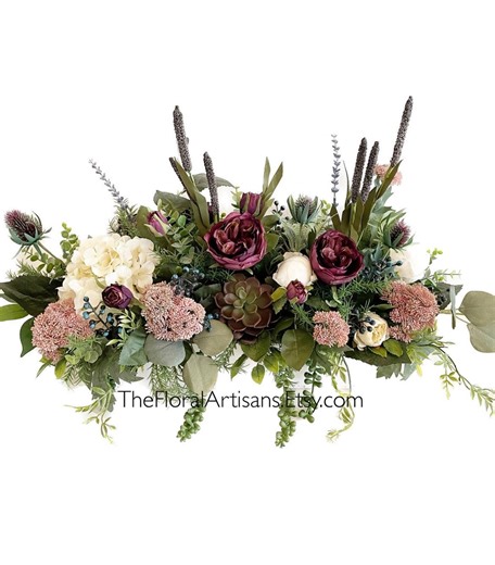 Farmhouse Floral Centerpiece | Faux Purple Succulents, Cream Flowers - Etsy