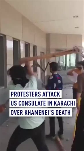 Nine protesters were shot dead on Sunday, March 1st after breaching the outer wall of the US consulate in Karachi, Pakistan. The action followed news of US and Israeli strikes that killed Iran's Supreme Leader #AyatollahKhamenei . Protesters chanted