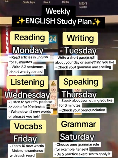 Your weekly English study plan. Keep in mind to go over everything you've learned during the week on Sunday🌱😉 #english #learnontiktok #learnenglish #fyp