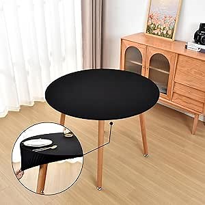 Round Fitted Black Tablecloth with Elastic for 36 inch Tables No Slip Cloth Table Covers Washable Stretchy Table Cloths for Kitchen Dining Outdoor Party