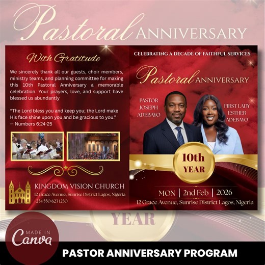4 Page Pastor Anniversary Program Template, Red Church Anniversary Bifold Brochure, Canva Editable Pastor Appreciation Program Flyer - Etsy