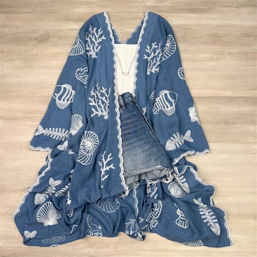 Boho Seashell Kimono Beach Cover up – Embroidered Summer Cardigan, Resort Wear, Tropical Vacation Outfit - Etsy