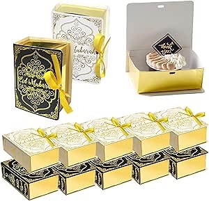 Jremreo 12 Pcs Ramadan Eid Mubarak Favor Boxes - Square Candy Ramadan Box with Golden Ribbon - Gift Treat Box Party Favors for Eid Party Decoration Supplies, Snack, Sugar, Chocolate, Goodie, Toy, etc
