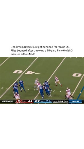Sports After Dark🌙 on Instagram: "After throwing a Pick-6 with 3 minutes left, the Colts benched veteran QB Philip Rivers for rookie QB Riley Leonard. Philip Rivers ended the night for the Colts with 277 total yards and 2 TD’s. Rough ending, but a great showing from the 44 y/o QB💯. The 49ers ended up winning tonight 48-27. 💐 to the vet Philip Rivers out there competing Will rookie QB Riley Leonard be the Colts’ QB1 going forward? 🤔 📸 ESPN"