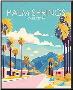 Palm Springs Poster Art Print, California Retro City Mountain and Lake Landscape Artwork, Wall Art Poster Vintage Decor Landscape Picture For Bedroom Office Home Decor (11x14 inches + (Black Frame),