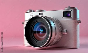 A stylish white camera with a blue lens set against a soft pink background.