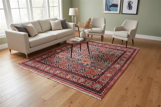 1960s Antique Geometric Rust Rug 4x5 Handmade Afghan Wool Rug, Faded Turkmen Low Pile Vintage Rug, Caucasian Design Rug, Rug for Living Room - Etsy