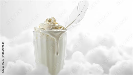 Milkshake with feather on cloud backdrop representing Cloud Dancer Color of the Year 2026 for serene and ethereal concepts