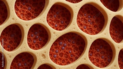 spongy bone tissue with porous structure and red marrow cells. Closeup cross section for anatomy, orthopedics and osteoporosis education