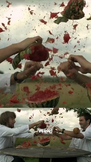 Picnic hack: Always invite Gav and Dan. They remember the elastic bands. #watermelonchallenge #slowmoguys #explodingwatermelon #explosion #slowmotion | The Slow Mo Guys