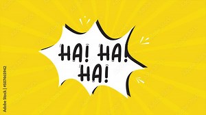 A comic strip cartoon animation, with the word Ha Ha Ha appearing. Yellow and halftone background, star shape effect