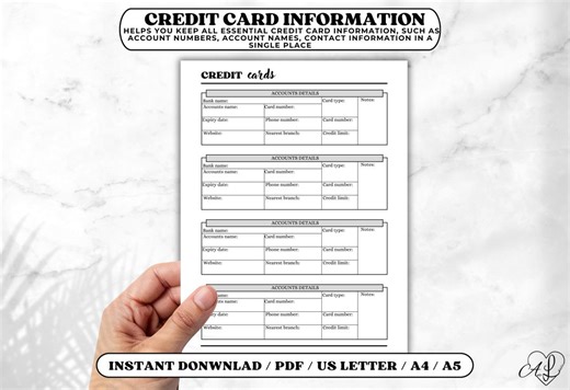 Credit Card Information Tracker, Printable Account Log (US Letter, A4, A5) (PDF Download) - Etsy