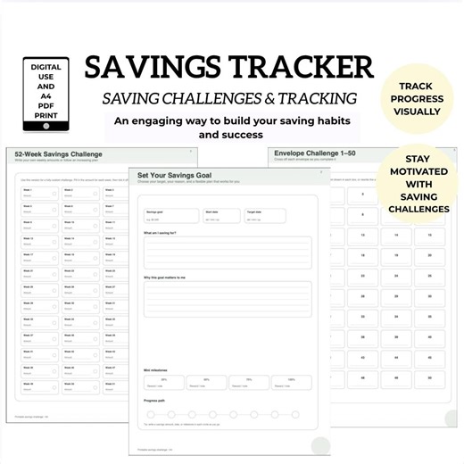 Savings Challenge Printable PDF | 52 Week Savings Challenge, 100 Envelope Challenge, Money Saving Tracker Budget Planner A4