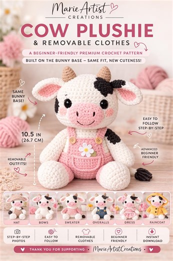 Cow Crochet Pattern PDF, Amigurumi Plush Toy With Removable Clothes (digital Download) - Etsy