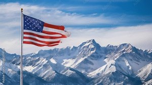 The American flag against a backdrop of snowy mountains, representing the diverse landscapes of the United States