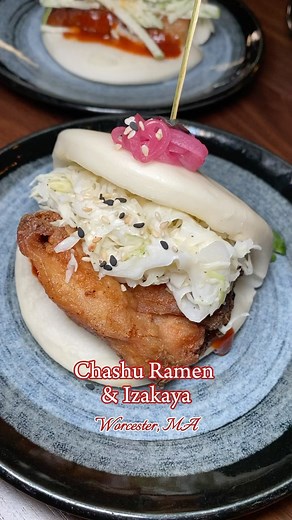 Elizabeth | Food & Travel on Instagram: "One of my favorite restaurants in Worcester, MA when I used to live there! If you’re driving through MA definitely check out Chashu Ramen & Izakaya @chashuwoo ! Food, presentation, and service was excellent! Food featured below 💕 Japanese Street Corn Pork Bao & Fried Chicken Bao Scorching Salmon Maki: Okinawa Sunshine Maki, Lobster Rangoon Maki Ramen: Hiyashi Chuka Dry Ramen, Moyashi Tonkotsu Ramen Dessert: Prickly Pear Sorbet, Banana Ice Cream, Poached