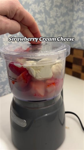 This strawberry cream cheese is just a half a cup of strawberries, 8 ounces of cream cheese at room, temperature, a tablespoon of honey, and a couple dashes of cinnamon! I use my food processor to mix it up and taste it for sweetness! I plan on using this on the kids bagels tomorrow and in our crêpes in the morning! Enjoy! #strawberry #creamcheese #breakfast #easyrecipe #fyp