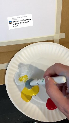 Replying to @21god_is_king12 This painting builds on the techniques I’ve shown you so far 🎨👩🏻‍🎨 Trees and branches take practice so this is also a good intro! *note I add white to most of my colors for highlights but it’s optional. #art #artist #painting #tutorial #howto #diy #paintingtutorial #sunset #fallleaves