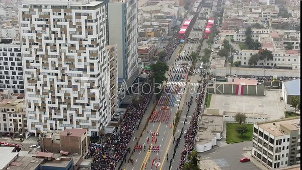 Military parade celebrating peruvian national holiday in urban setting