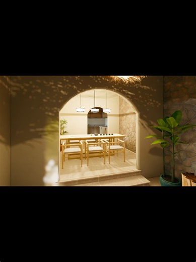 Elegant Flow and Transitions Transitioning from the lounge, a wide arched opening leads to a minimalist dining space. This area features: Contemporary Seating: Sleek, light-wood chairs arranged around a long, clean-lined dining table. Layered Lighting: Modern, circular pendant lights provide a bright contrast to the softer ambient lighting in the adjacent room. Material Harmony: The stone texture continues through the archway, maintaining a consistent design language throughout the home. Modern 