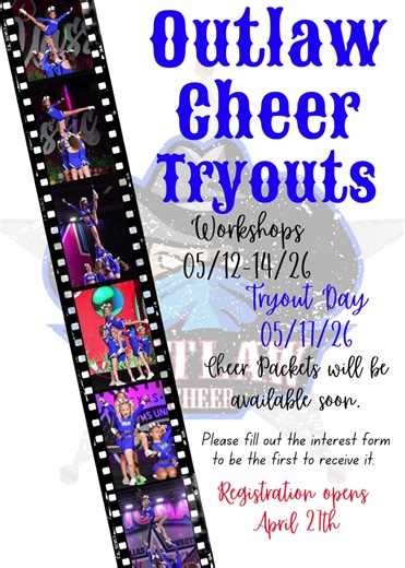⭐️💙⭐️Outlaw Cheer Company 2026-2027 TRYOUTS!!!⭐️🩶⭐️ Workshops-May 12th-14th Tryouts-May 17th Registration opens April 27th. 🌟All Levels, Novice/Prep/Elite, Tiny-Senior🌟 Be the first to receive the 26-27 OCC Cheer packet by filling out this interest form👇👇👇 https://docs.google.com/forms/d/e/1FAIpQLSfY7n4Q7JXJyXXTgzPLJZ7yowrceK0CBJIi38AA4RAdX0Q_xA/viewform #season22 #occ #outlawcheer #tryouts #allstarcheer