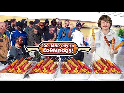 Making 100 Deep Fried Corn Dogs For The Homeless!