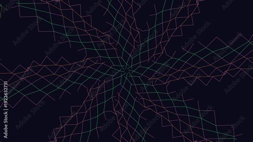 Geometric pattern of intersecting pink and green lines on a dark background with a white border at the bottom.