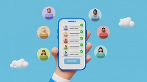 Refer a friend concept. Hands holding phone with contacts of friends. Business partnership strategy with group of people. Network marketing, Referring friends, affiliate marketing. 4k 3d animation