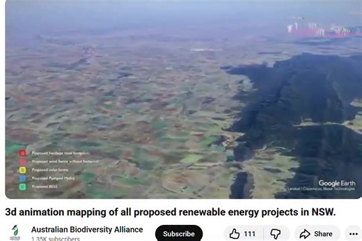 This is an extract of the CWO REZ proposed renewable projects from a video by Australian Biodiversity Alliance, called "3D animation mapping of all proposed renewable energy projects in NSW". Keep in mind this was produced from project data available over 12 months ago, and may not now be fully complete or accurate, it is however a good representation of the scale of many of the projects that have advanced in planning, approval and construction in the CWO REZ. The link to the source video will b