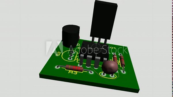 Video animation with rotation of computer 3d modeling of printed circuit board of electronic device with components of radio elements, conductors. Technic electrical pcb design with tracing.