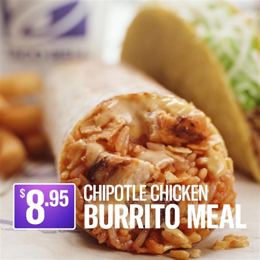 Introducing our new $8.95 Chipotle Chicken Burrito Meal. Price includes burrito, chips, crunchy taco & drink. T&Cs apply. | Taco Bell Australia