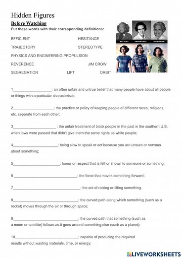 Hidden Figures - Before watching the film worksheet