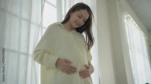 Pregnant woman concept of 4k Resolution. An Asian girl is taking care of her stomach in the house.