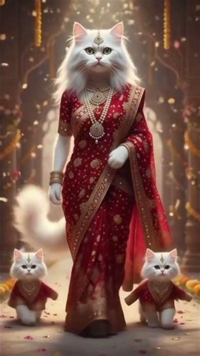 ✨ Royal Catwalk: Persian Cat Bride & Her Kittens in Stunning Indian Sarees ✨