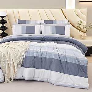 RYNGHIPY Queen Size Bed Sets 8 Pieces: Light Grey Stripe Bedding Comforter Sets Soft Fluffy Microfiber Bed in A Bag All Season Bedding Set (Queen,Light Grey)