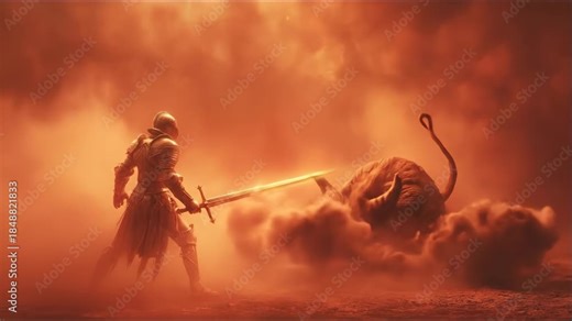 Knight engaged in battle with a demon, depicting a fight scene of good versus evil in a challenging environment.