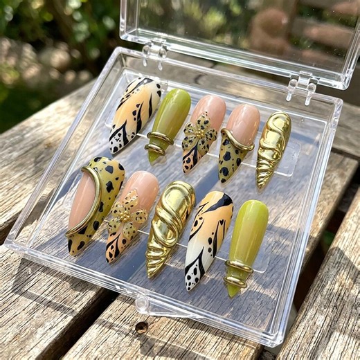 Green Leopard Print Press on Nails, Long Stiletto Custom Nails, Olive Green & Gold 3D Flower Nail Box, Trendy Olive Green Gift for Her Nails - Etsy