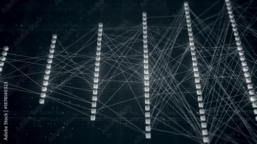 Abstract Neural Network Architecture Visualization with Connected Nodes and Data Flow Lines, AI Machine Learning Deep Learning System, Digital Technology Background. Artificial Intelligence Concept