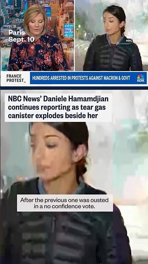 NBC News' Daniele Hamamdjian continues reporting as tear gas canister explodes beside her