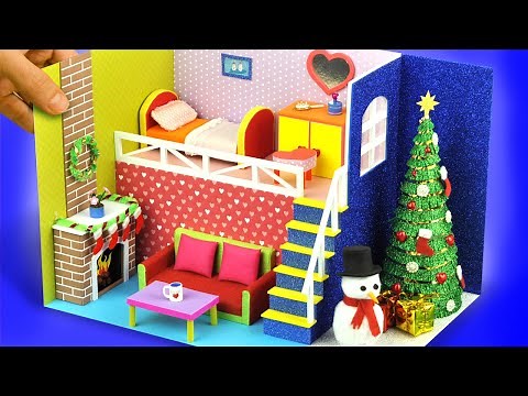 DIY miniature cardboard dollhouse with christmas tree, fireplace and snowman