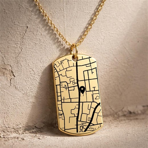 Engraved Map Necklace, Custom Dog Tag Necklace, Where We Met Map, Our First Date Personalized Gift, Where It All Began - Etsy