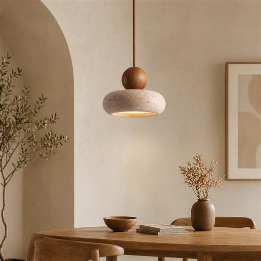 Natural Yellow Agate Stone Pendant Light, Solid Wood Japandi Ceiling Lamp - Etsy