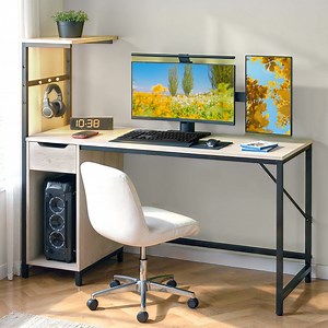 Bestier Home Office Desk Computer Gaming PC Study Table with Adjustable Shelf and LED Lights, Light Gray - Walmart.com