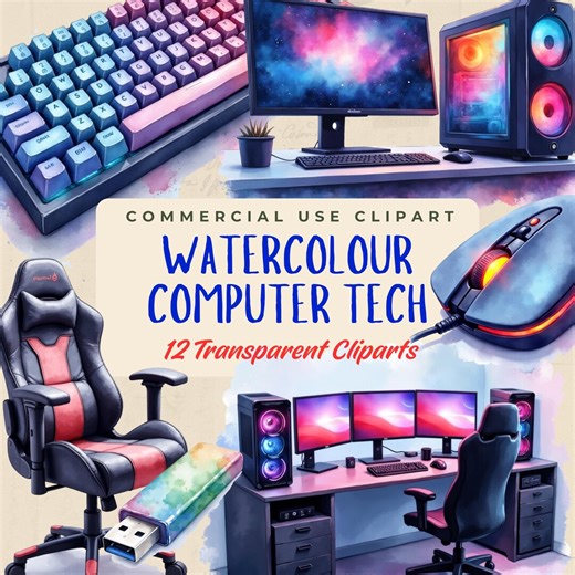 Watercolour Computer Tech Transparent Clipart Images, Printable Illustrations Graphics, Sublimation Craft, Junk Journal Decals, Decoupage - Etsy