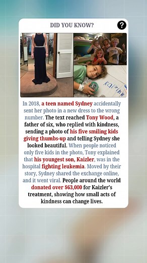 In 2018, a Tennessee teen named Sydney accidentally sent a photo of herself in a new dress to the wrong number. The text reached Tony Wood — a father of six — who could have easily ignored it. Instead, he responded with kindness, sending back a photo of five of his smiling kids giving Sydney a big thumbs-up and telling her she looked beautiful. When people online noticed only five children in the photo, Tony explained that his youngest son, Kaizler, was in the hospital battling leukemia. Moved b