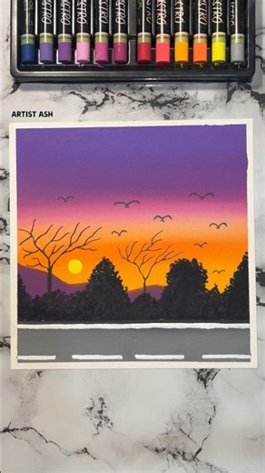 🌄✨Beautiful Sunset Road Scenery Drawing #shorts #art #drawing #oilpastel