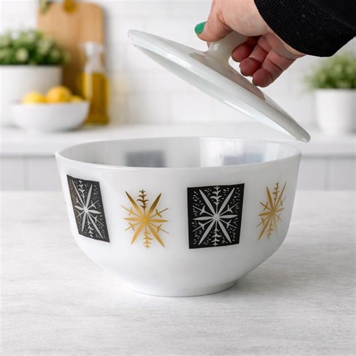 Vintage Fire-king Milk Glass Covered Bowl - Atomic Starburst Snowflake Gold Black Panels Mint Condition Retro MCM - Etsy