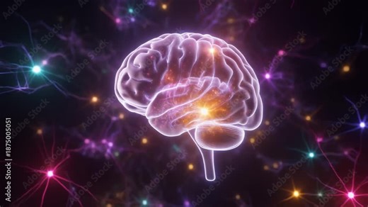 3D stylized animation of a glowing brain with vibrant neural networks and flowing electric p