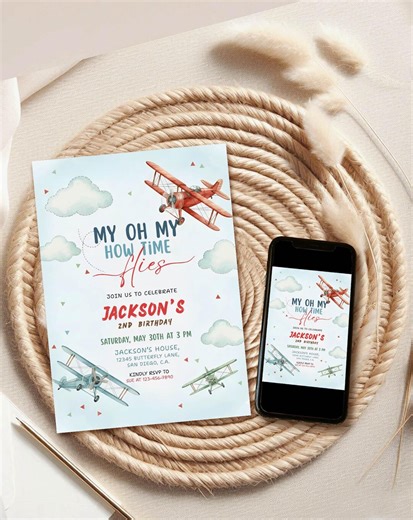 Retro Airplane Birthday Invitation, Time Flies ONE, Editable Canva Template (digital Download) A - Etsy